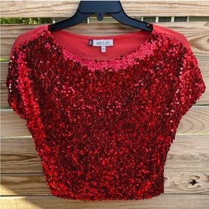 🌟 3/$15 J Lo women’s red sequin shimmer sparkle short sleeve top size M